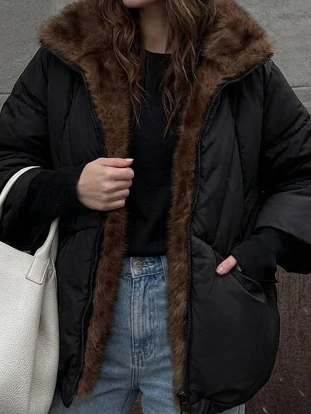Black Casual Women's Fuzzy Patchwork Loose Padded Coat Jacket
